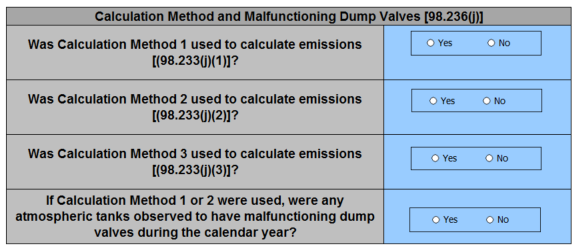 Image of a table to indicate which calculation methods were used and whether there were any malfunctioning dump valves 
